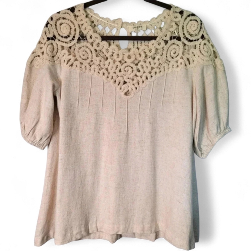 UMGEE linen cotton crochet lace balloon sleeve BOHO blouse top, oatmeal size M